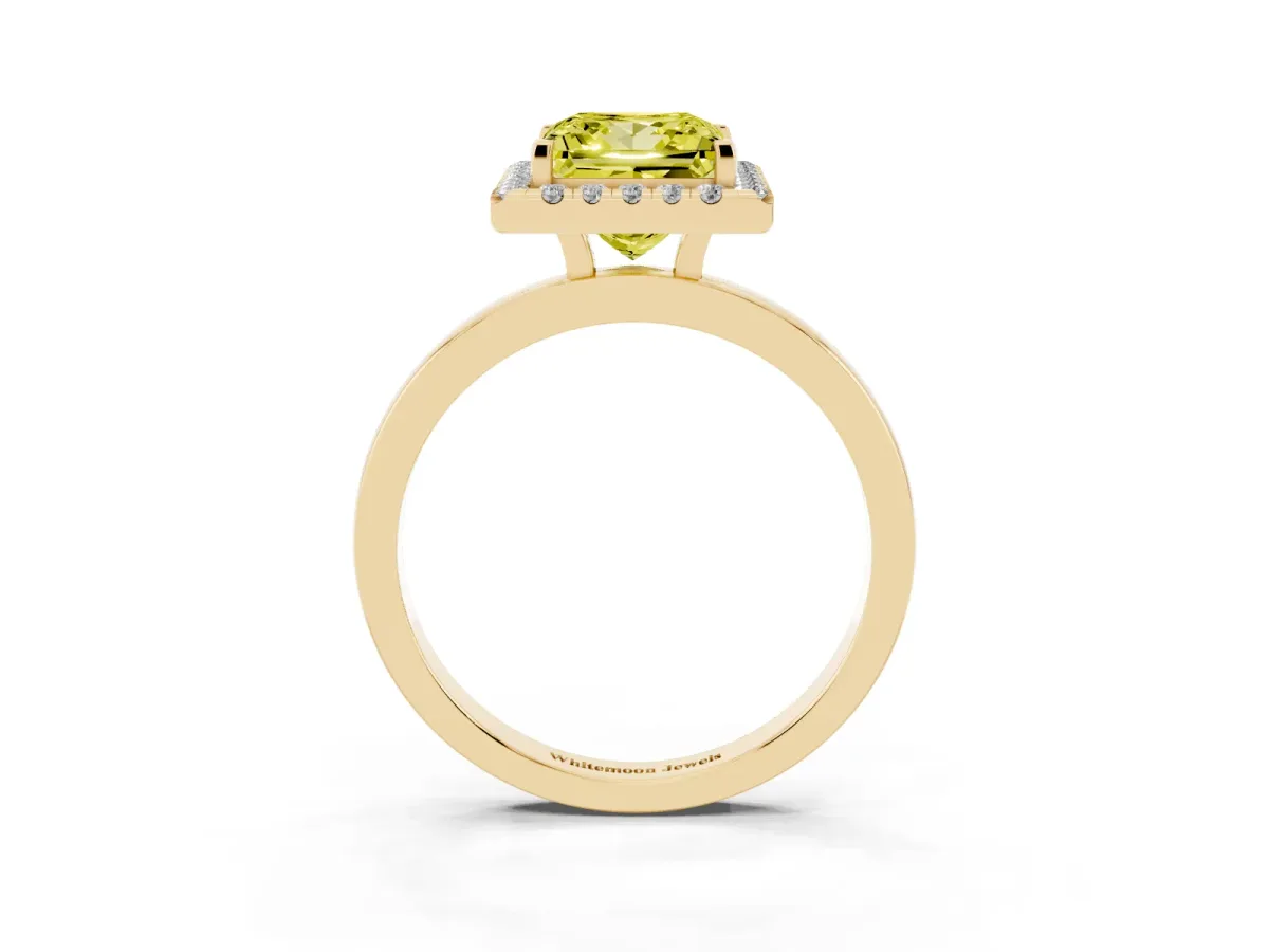 Fancy Yellow Princess Cut Halo Diamond Solitaire with Pavé Band and Four-Prong Setting Yellow gold