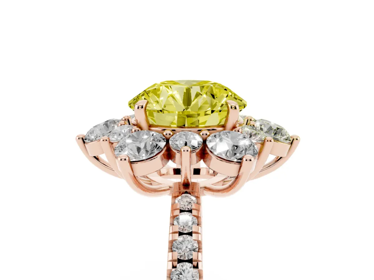 Fancy Yellow Round Cut Diamond Floral Halo Ring with Round Pavé Band and Prong Setting Rose gold