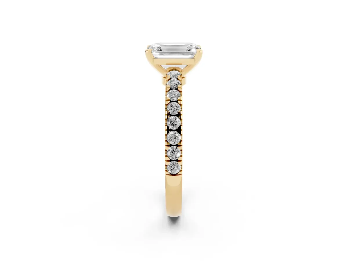 Emerald Cut Solitaire Diamond with Pavé Band and Four-Prong Setting Yellow gold