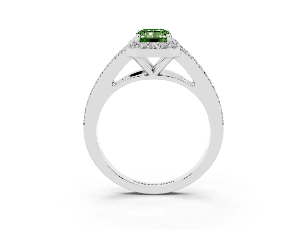 Fancy Green Emerald Cut Halo Split Shank Diamond Ring with Prong Setting Platinum