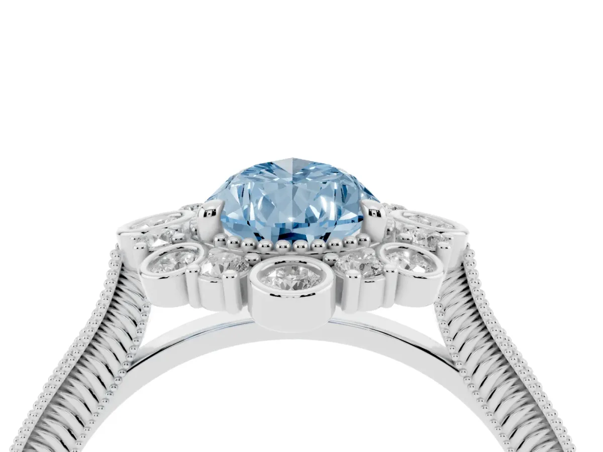 Fancy Blue Pear Cut Halo Milgrain Pave Diamond Ring with Four-Prong Setting Silver