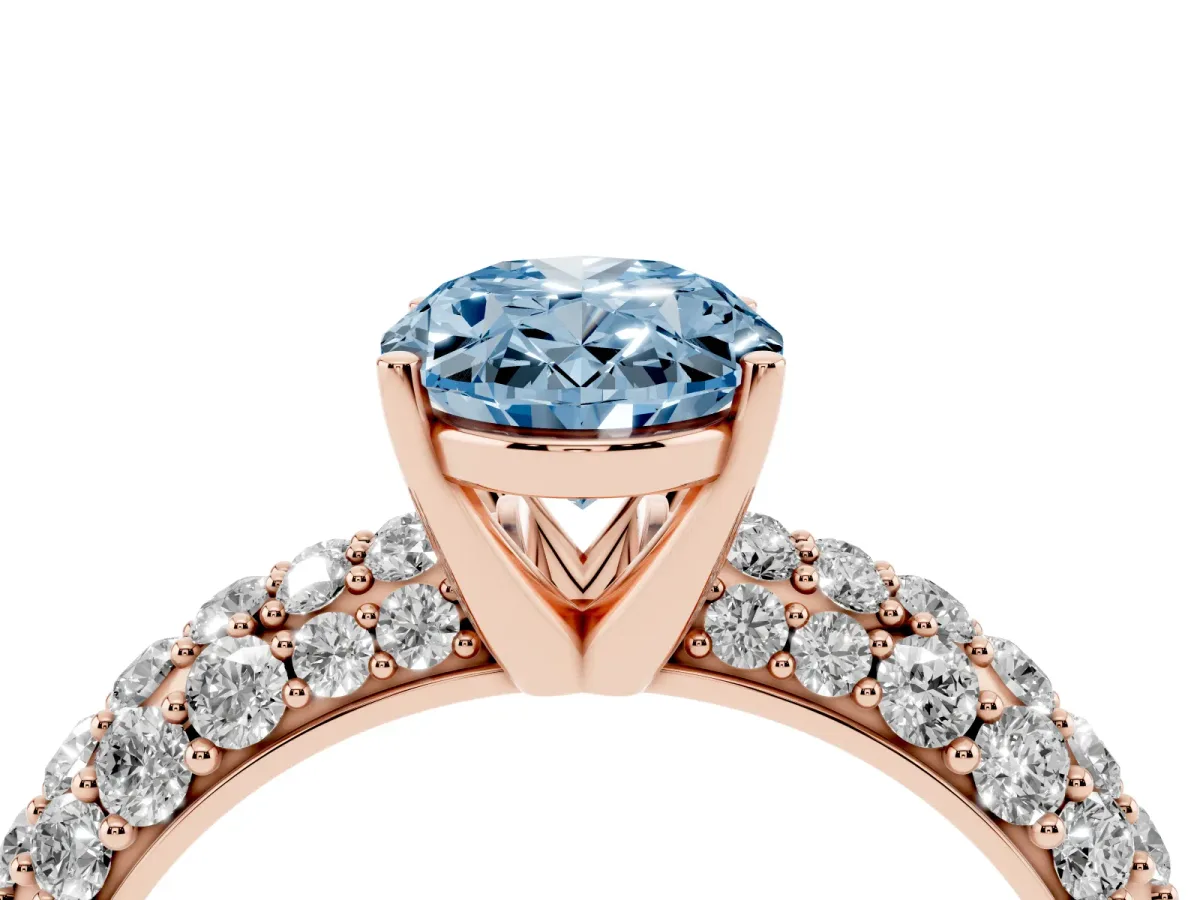 Fancy Blue Oval Cut Diamond Pavé Band Solitaire Ring with Four-Prong Setting Rose gold