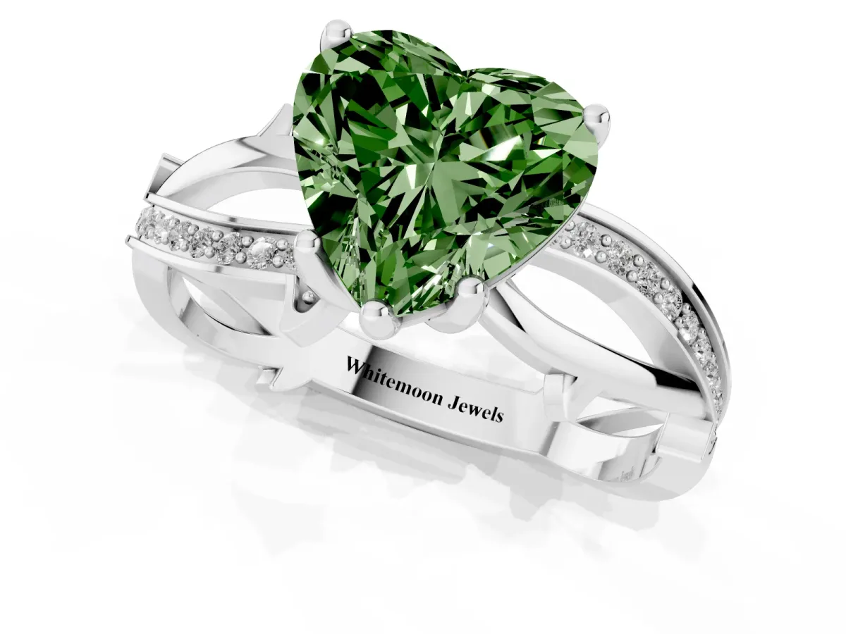 Fancy Green Heart Cut Solitaire Twist Band with Pavé Accents and Four-Prong Setting Silver
