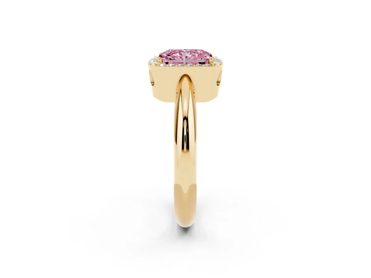 Fancy Pink Radiant Cut Cut Diamond Halo Engagement Ring with Split Shank and Four-Prong Setting Yellow gold
