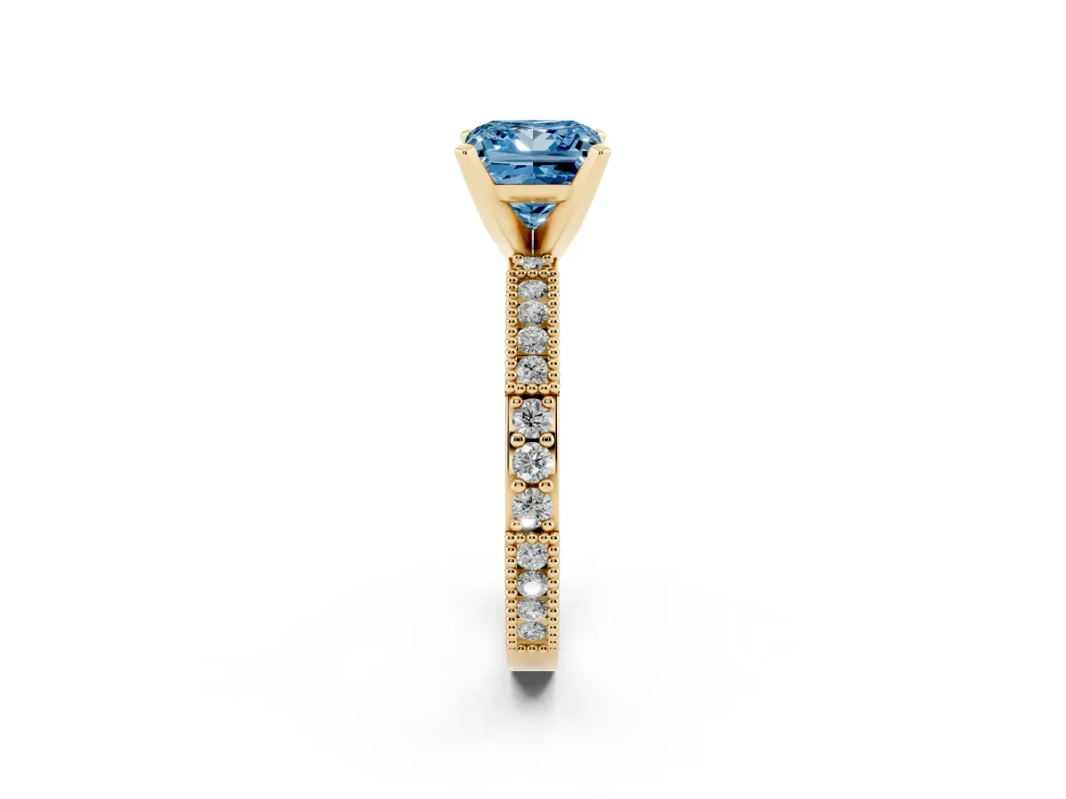 Fancy Blue Princess Cut Solitaire with Pavé Band and Four-Prong Setting Yellow gold