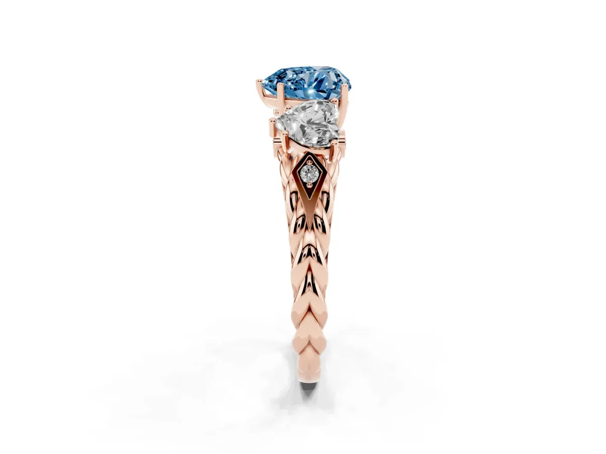 Fancy Blue Three-Stone Heart Cut Diamond Braided Band Ring with Four-Prong Setting Rose gold