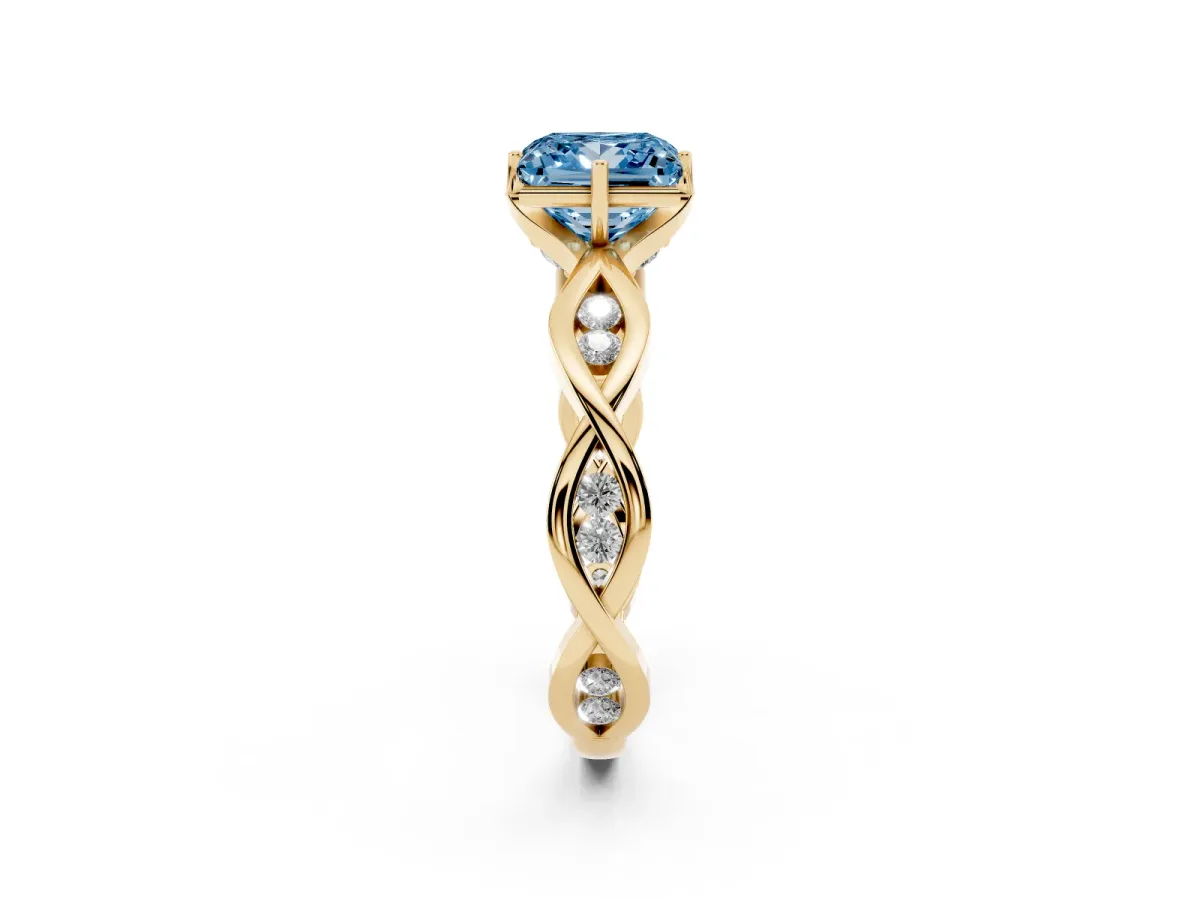 Fancy Blue Princess Cut Solitaire Twist Band with Leaf Prong Setting Yellow gold