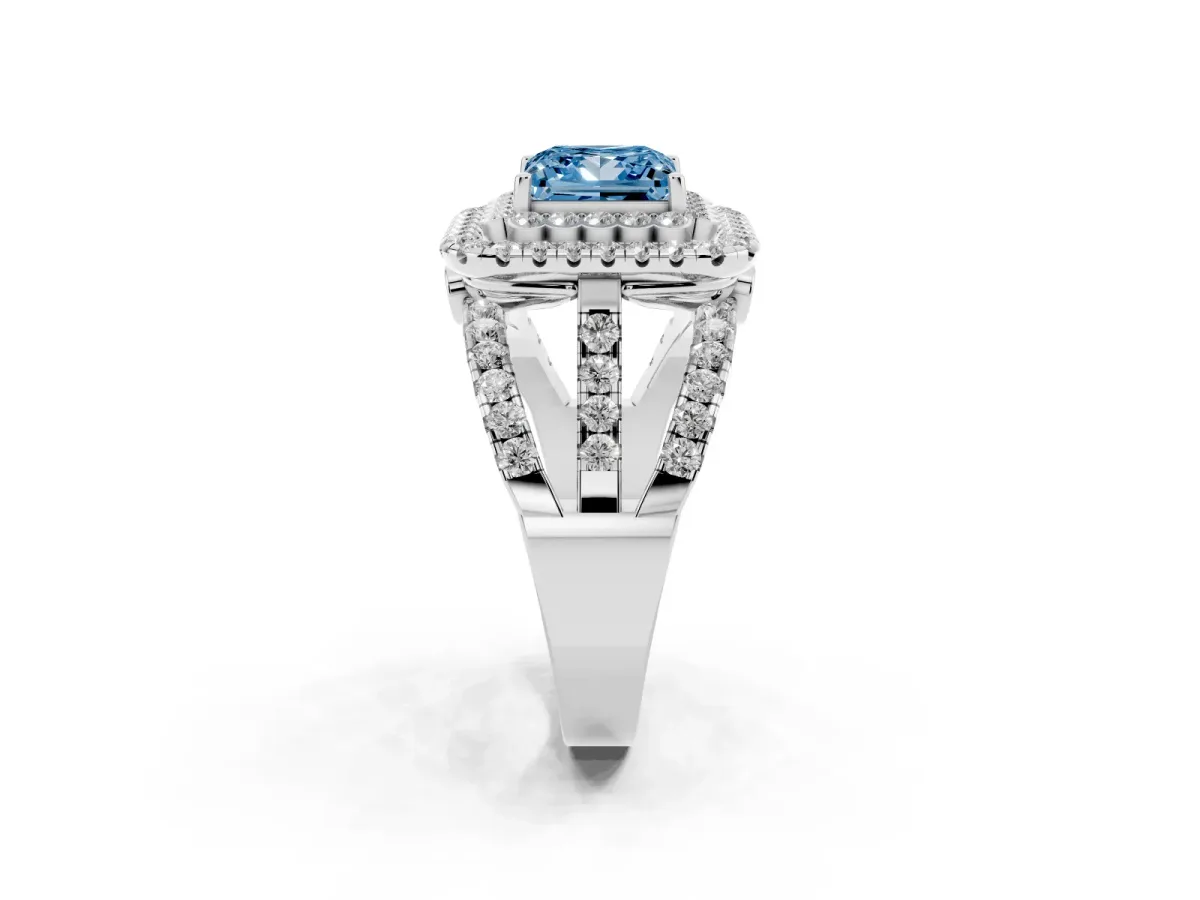 Fancy Blue Princess Cut Diamond Double Halo Ring with Round Pavé Split Shank and Prong Setting Silver