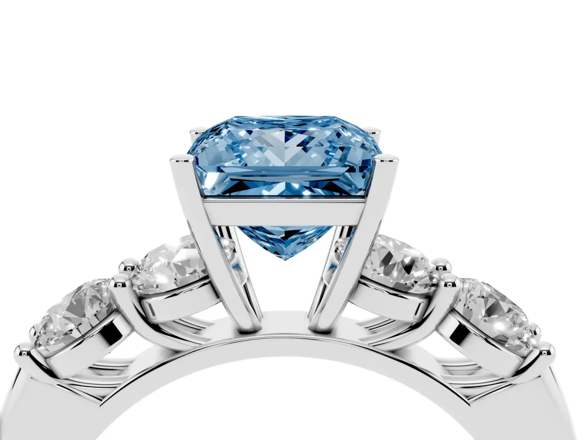 Fancy Blue Princess Cut Cut Five-Stone Prong Set Diamond Ring with Classic Band Silver