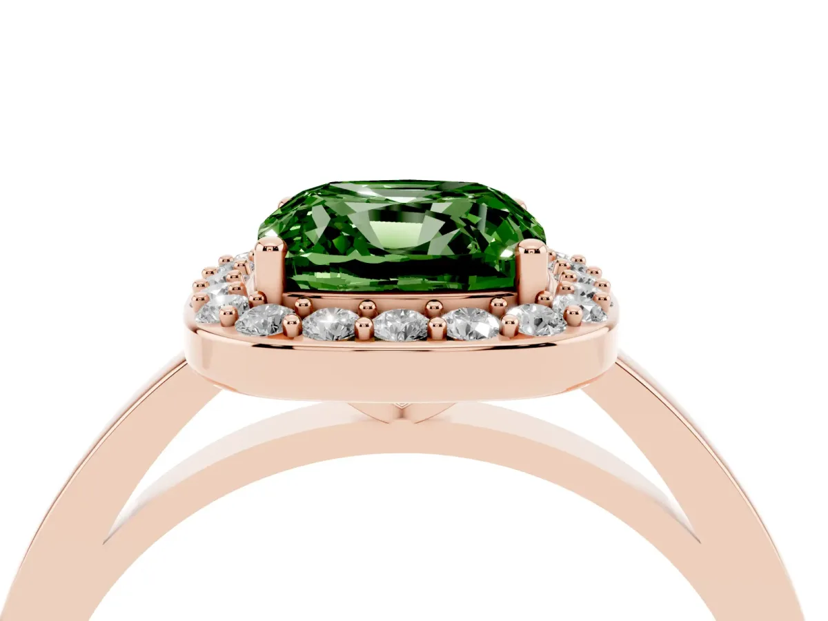 Fancy Green Cushion Cut Halo Diamond Ring with Solitaire Band and Prong Setting Rose gold