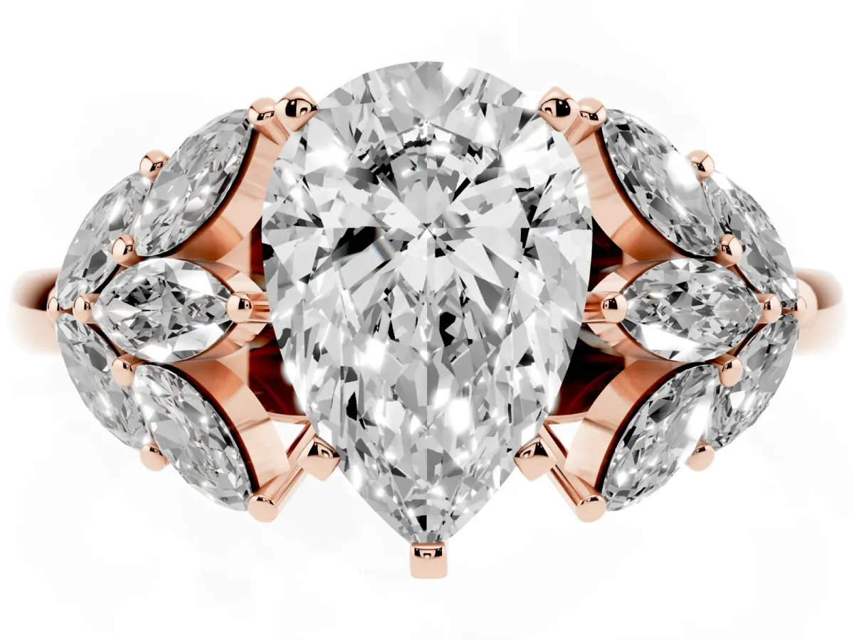 Pear Cut Diamond Cluster Leaf Design Ring with Prong Setting Rose gold