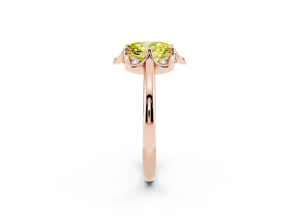 Fancy Yellow Oval Cut Halo Diamond Ring with Round Cluster Setting, Solitaire Band, and Four-Prong Setting Rose gold