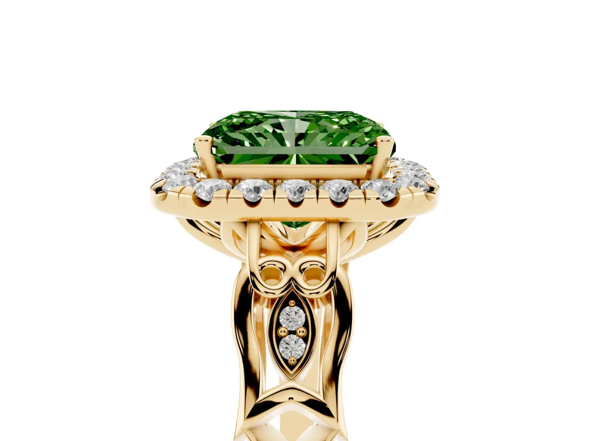 Fancy Green Radiant Cut Halo Diamond Engagement Ring with Filigree Band and Four-Prong Setting Yellow gold