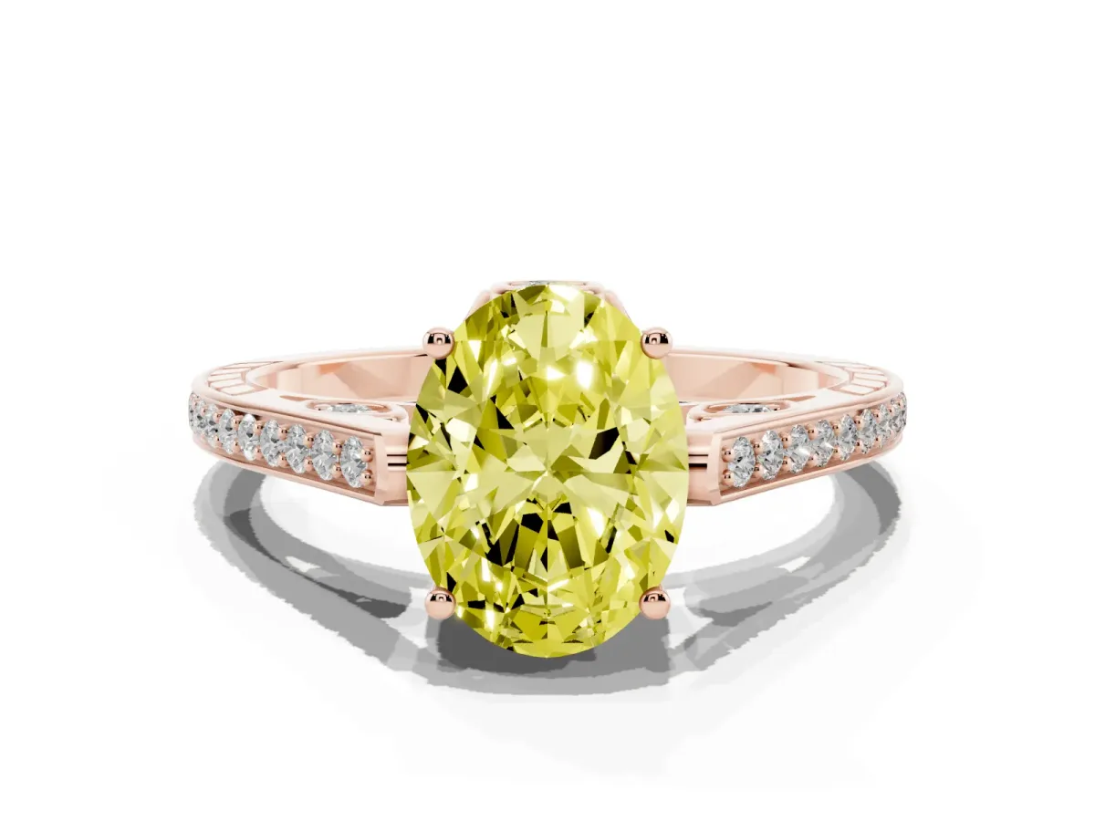 Fancy Yellow Oval Cut Cut Cathedral Pave Diamond Engagement Ring with Six-Prong Setting Rose gold