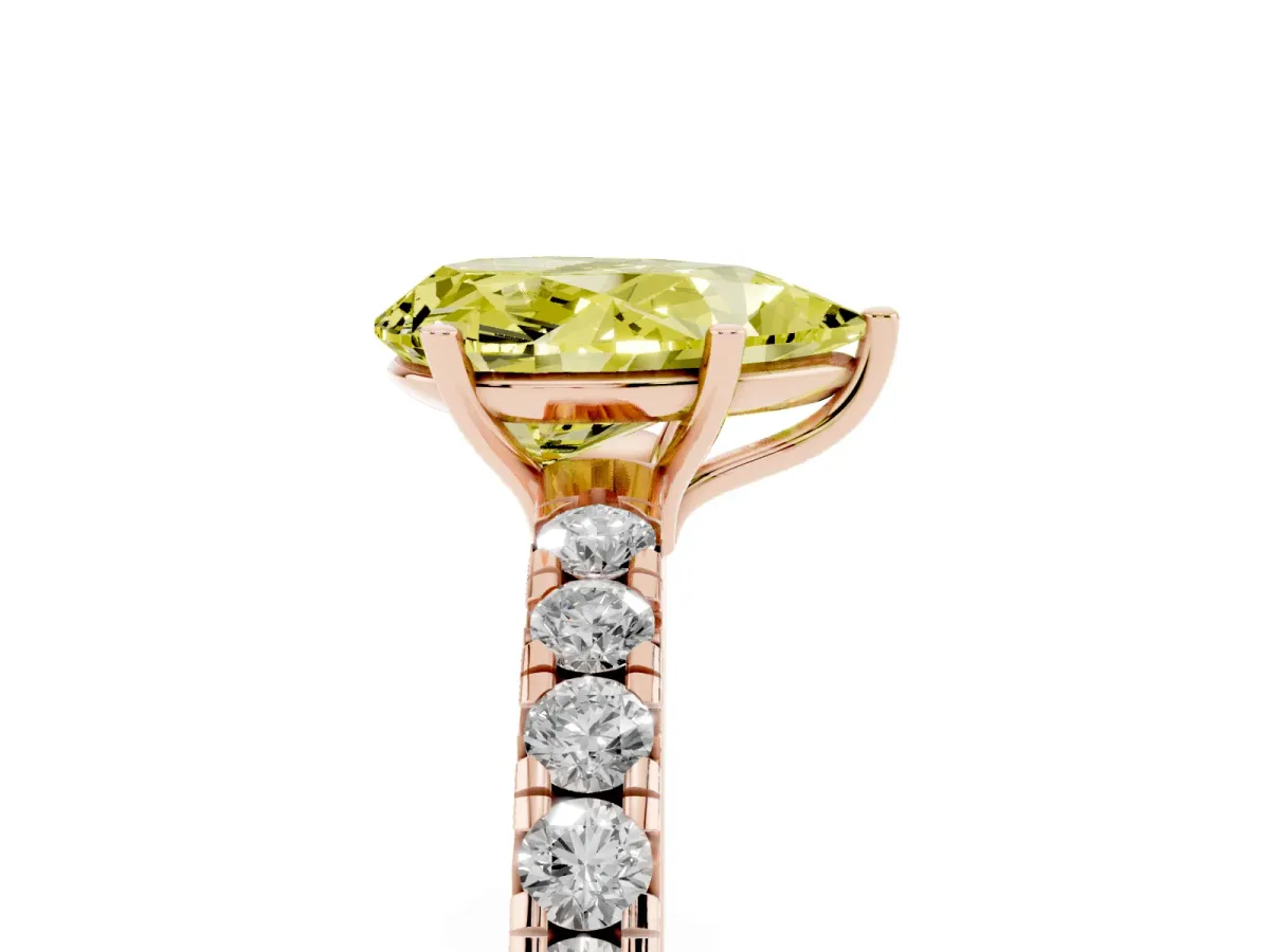 Fancy Yellow Pear Cut Diamond Pavé Solitaire Engagement Ring with Four-Prong Setting Rose gold