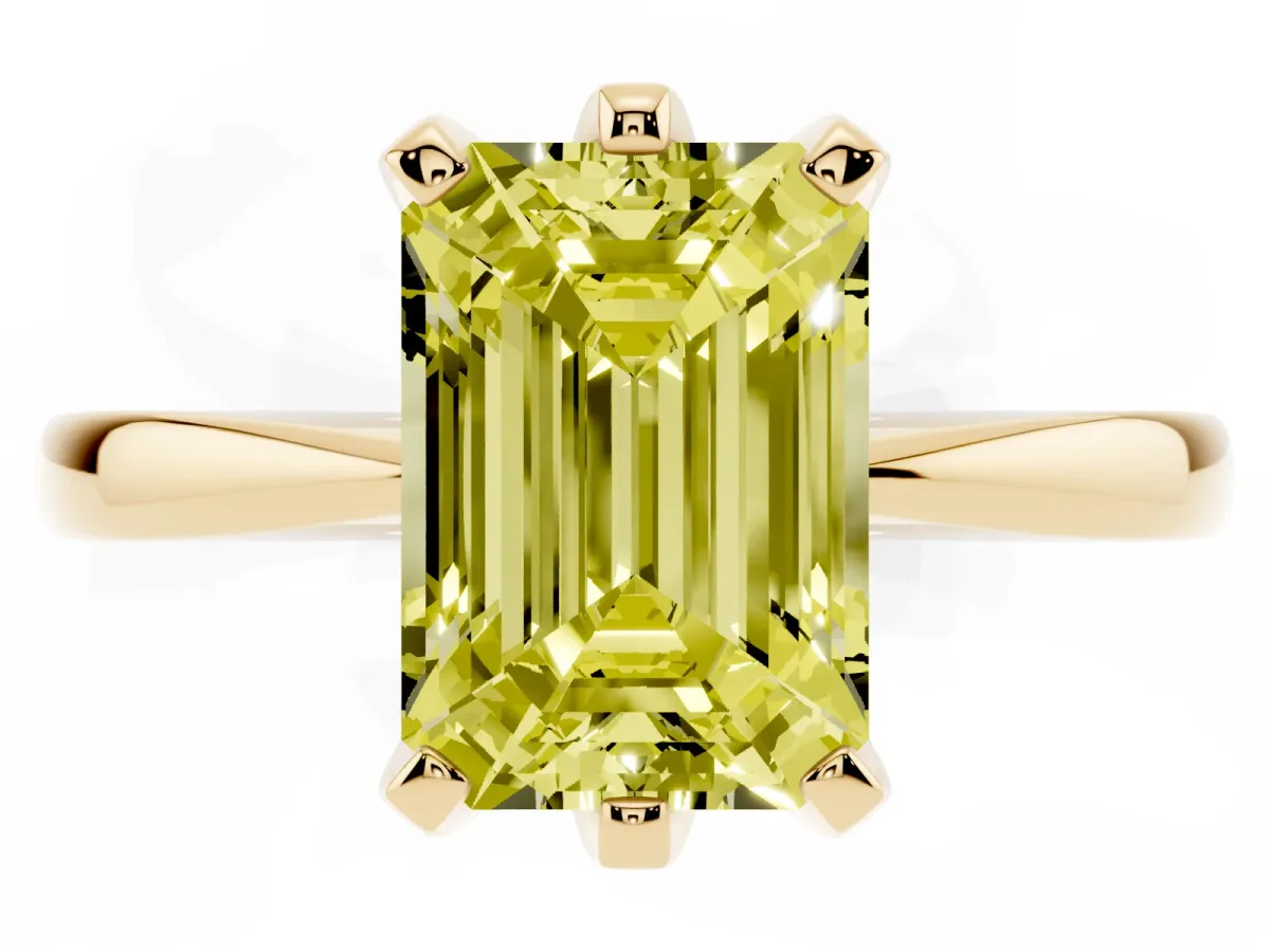 Fancy Yellow Emerald Cut Solitaire Engagement Ring with Six-Prong Setting and Tapered Band Yellow gold