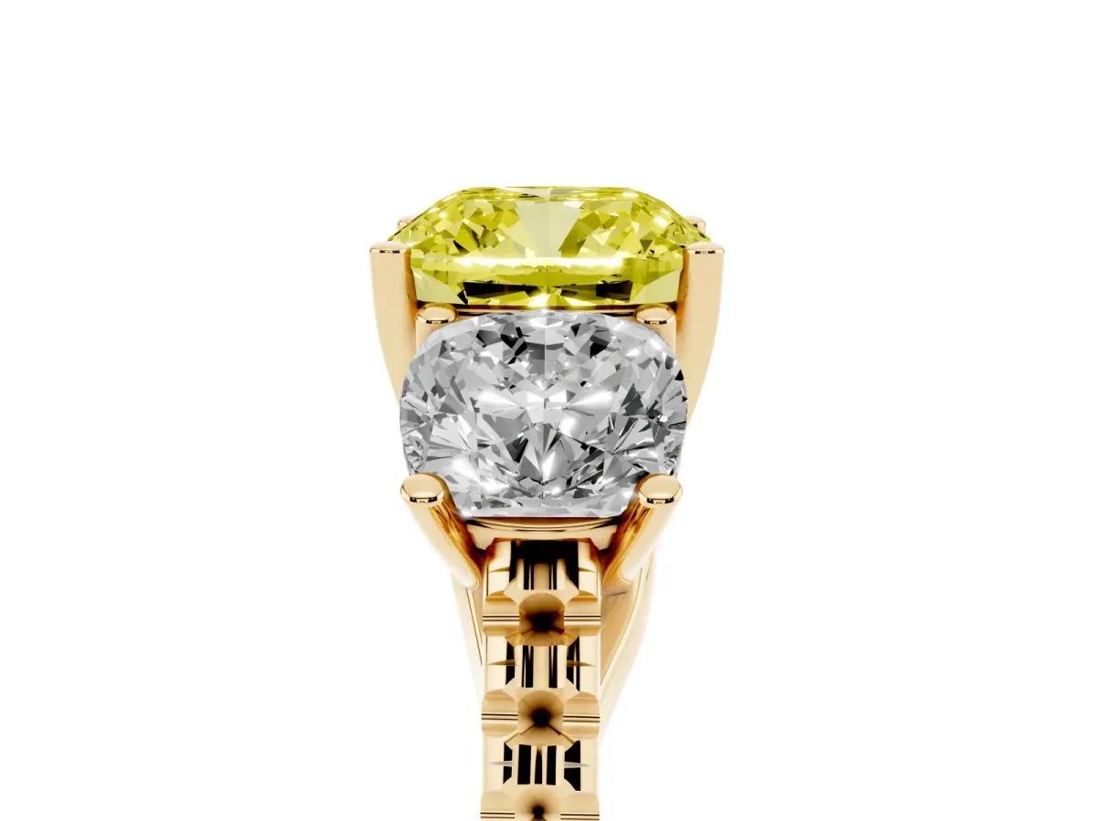 Fancy Yellow Three-Stone Cushion Cut Diamond Ring with Round Pavé Band and Prong Setting Yellow gold