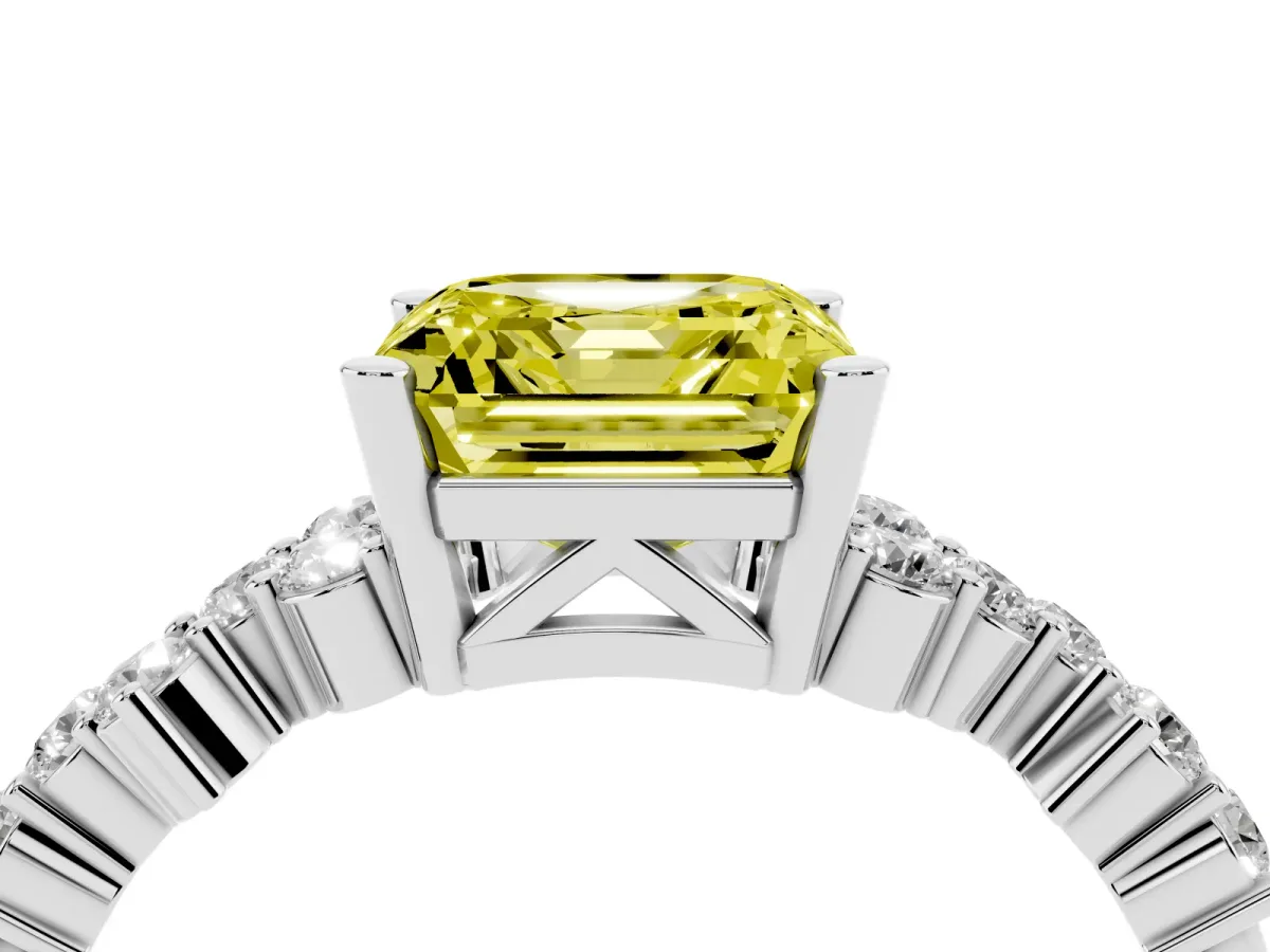Fancy Yellow Asscher Cut Diamond Scattered Round Accent Ring with Prong Setting Silver