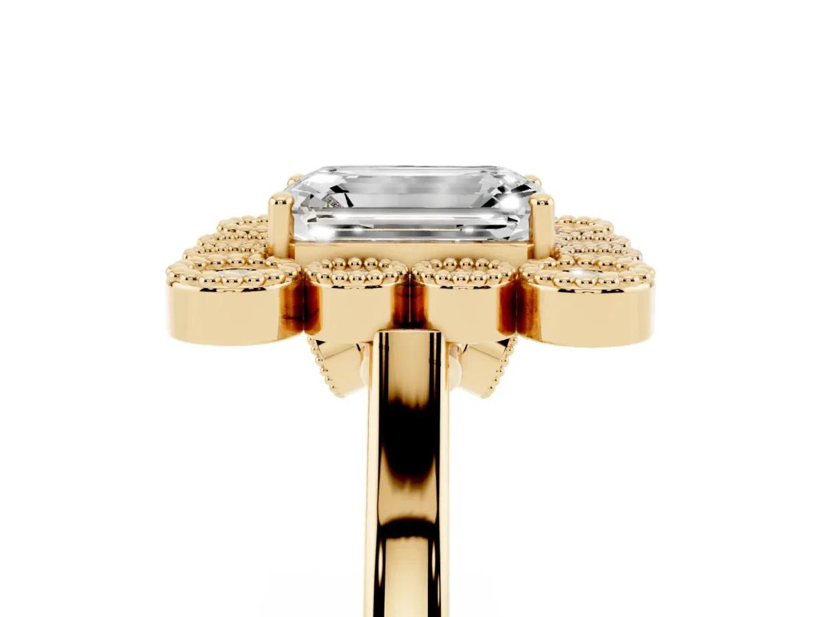 Emerald Cut Halo Diamond Cluster Engagement Ring with Milgrain Bezel Setting and Solitaire Band Yellow gold
