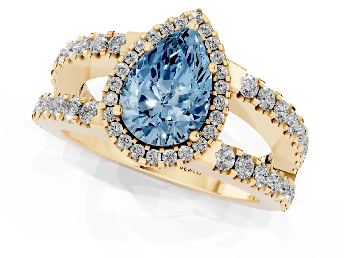 Fancy Blue Pear Cut Cut Halo Split Shank Diamond Ring with Four-Prong Setting Yellow gold