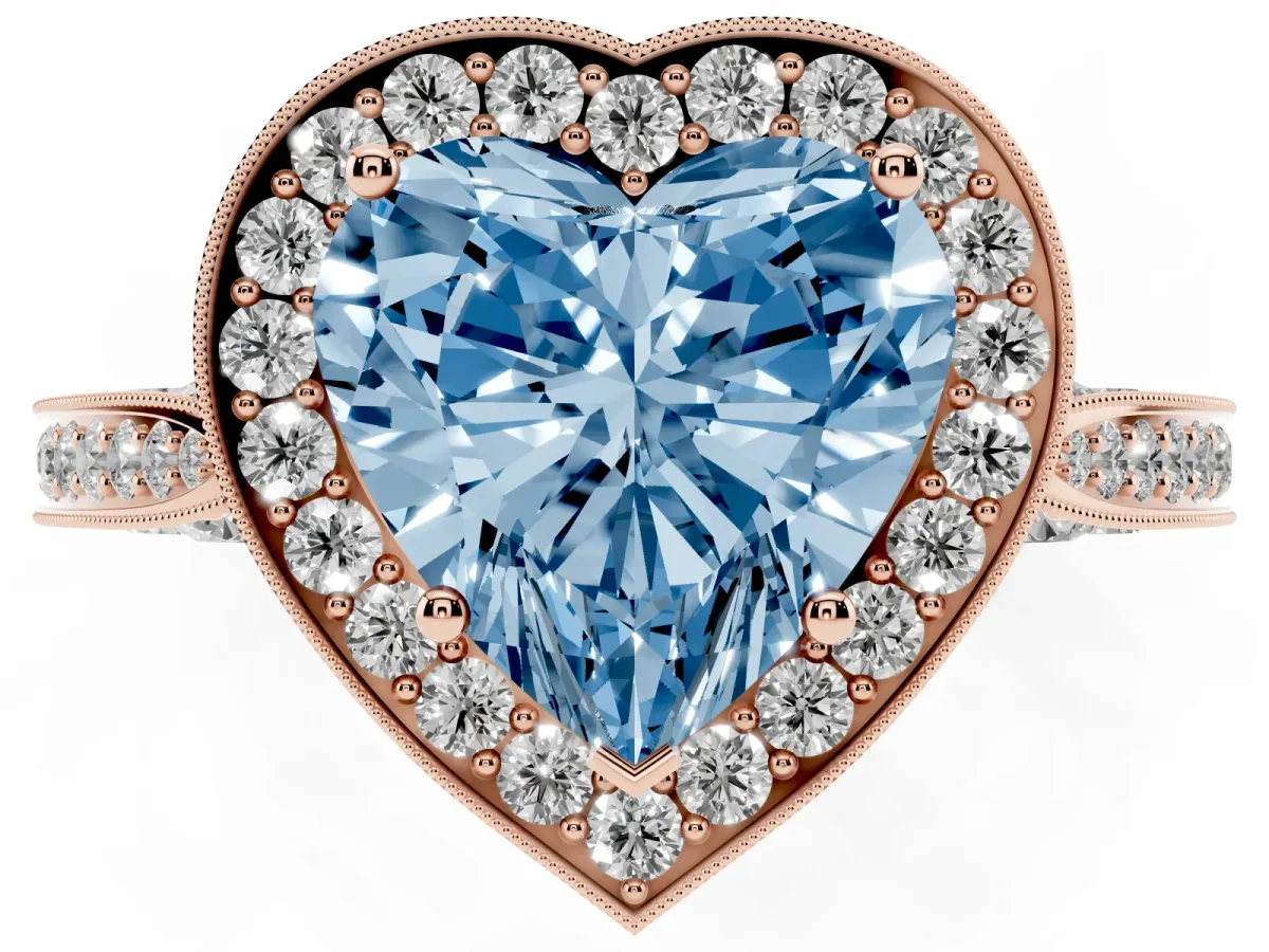 Fancy Blue Heart Cut Halo Diamond Engagement Ring with Split Shank Band and Four-Prong Setting Rose gold