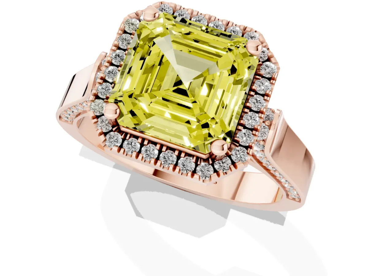 Fancy Yellow Asscher Cut Halo Pave Split Shank Prong Setting Ring Rose gold