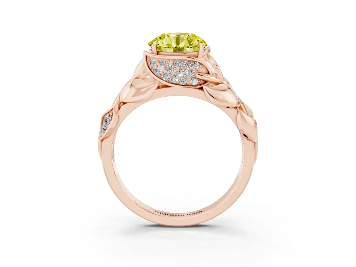 Fancy Yellow Round Cut Diamond Leaf-Inspired Engagement Ring with Round Accents and Prong Setting Rose gold