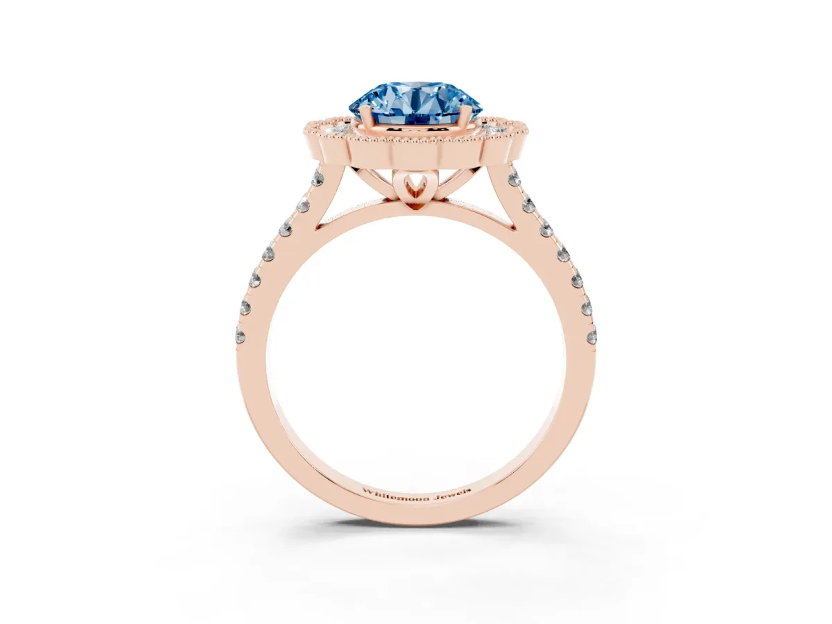 Fancy Blue Round Cut Cut Diamond Milgrain Floral Halo Engagement Ring with Pavé Band Rose gold
