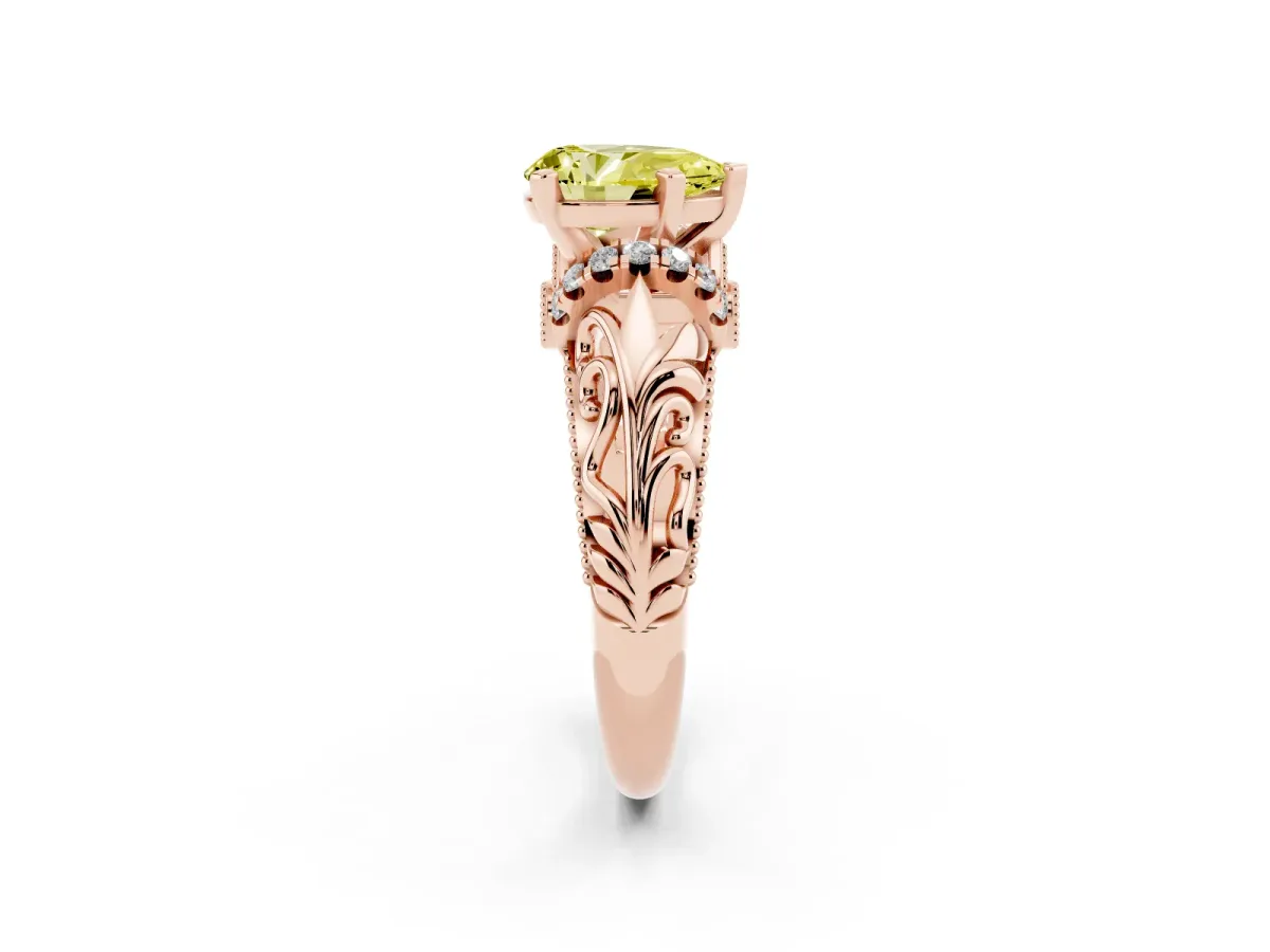 Fancy Yellow Pear Cut Solitaire Filigree Engagement Ring with Halo and Prong Setting Rose gold