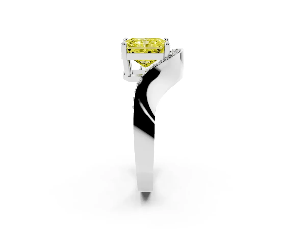 Fancy Yellow Radiant Cut Solitaire Diamond Engagement Ring with Pave Band and Four-Prong Setting Silver