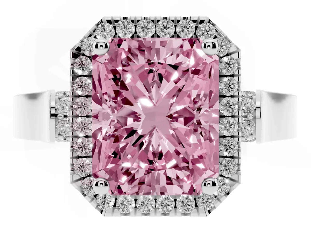 Fancy Pink Radiant Cut Halo Pave Split Shank Prong Setting Ring Silver
