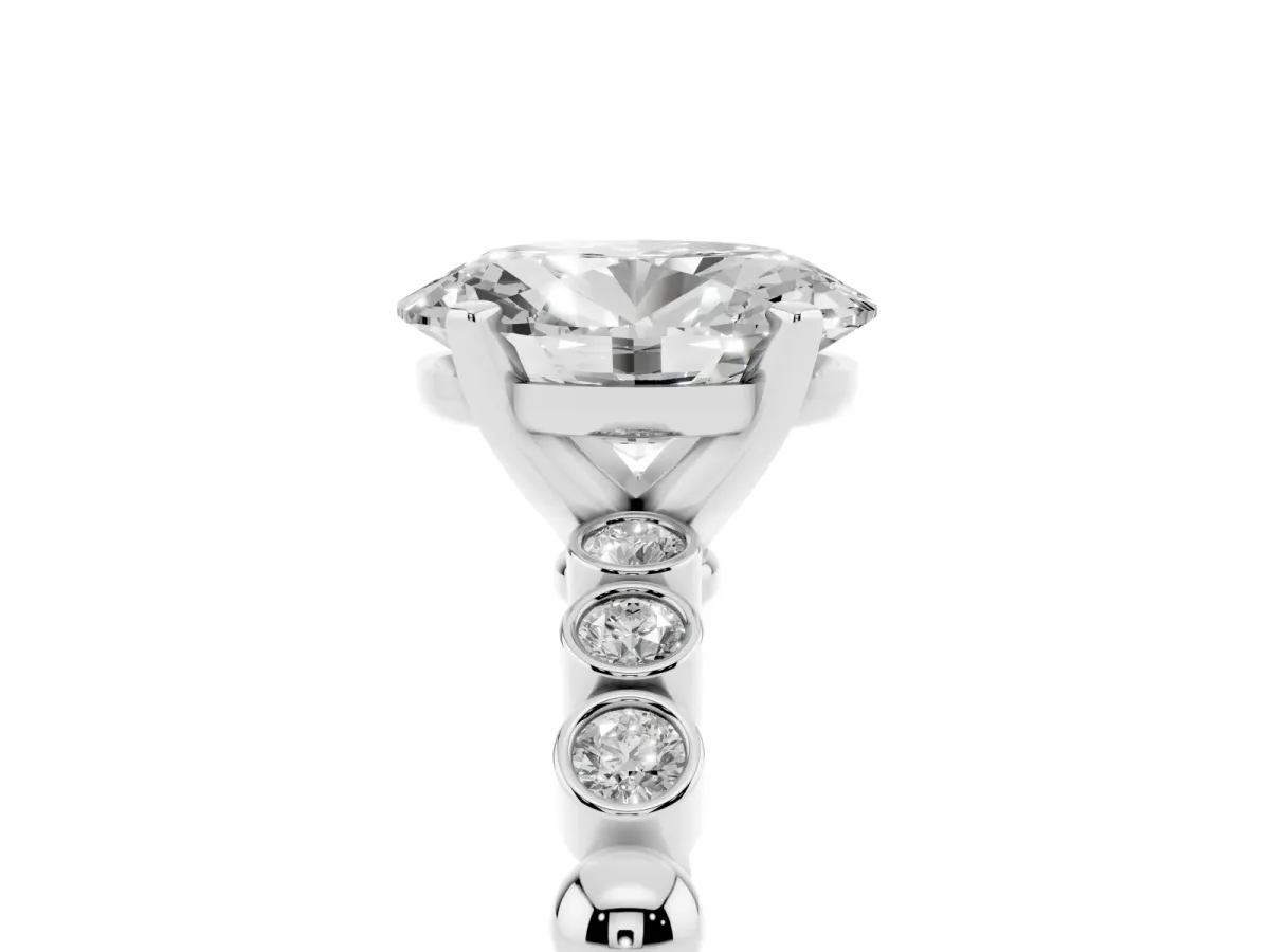 Oval Cut Solitaire Bezel Accent Diamond Engagement Ring with Beaded Band and Four-Prong Setting Silver