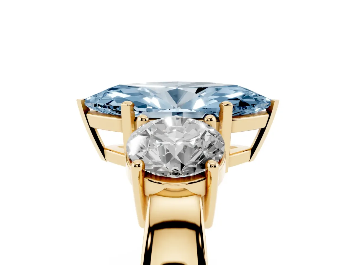 Fancy Blue Three-Stone Marquise Cut Diamond Ring with Round Side Stones, Classic Band, and Four-Prong Setting Yellow gold