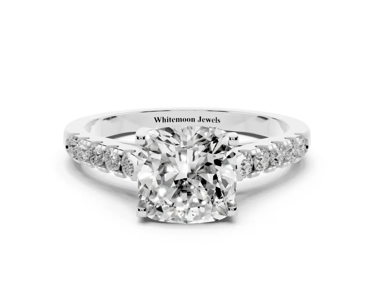 Cushion Cut Diamond Pavé Band Solitaire Ring with Prong Setting Platinum