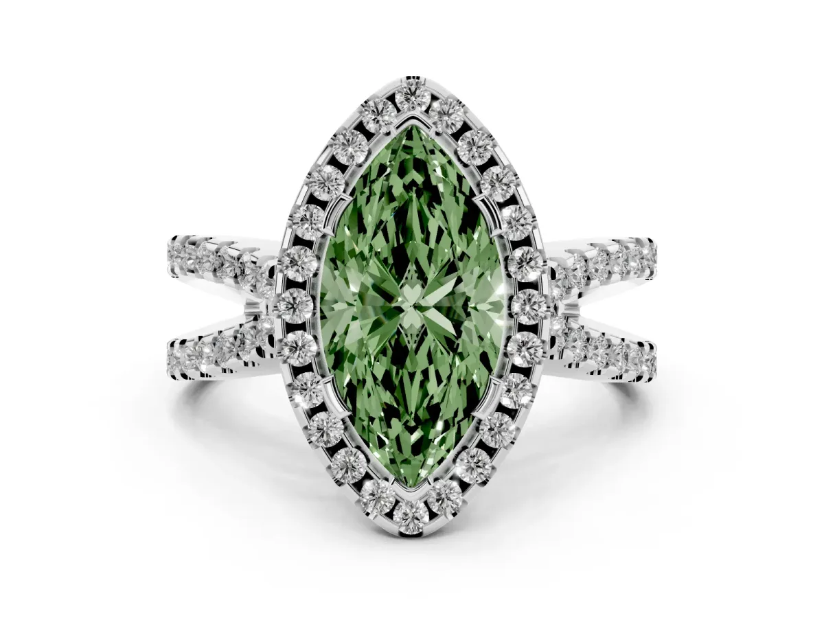 Fancy Green Marquise Cut Diamond Halo Ring with Split Shank Pavé Band and Prong Setting Silver