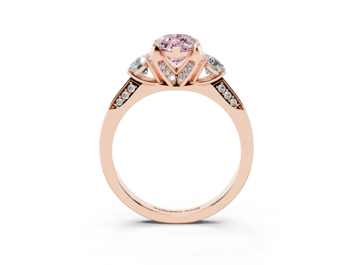 Fancy Pink Marquise Cut Brilliant Three-Stone Diamond Ring with Pavé Band and Four-Prong Setting Rose gold
