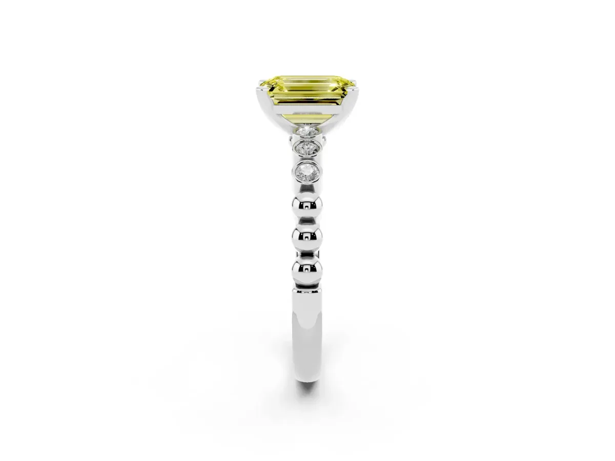 Fancy Yellow Emerald Cut Solitaire Bezel Accent Diamond Engagement Ring with Beaded Band and Four-Prong Setting White gold