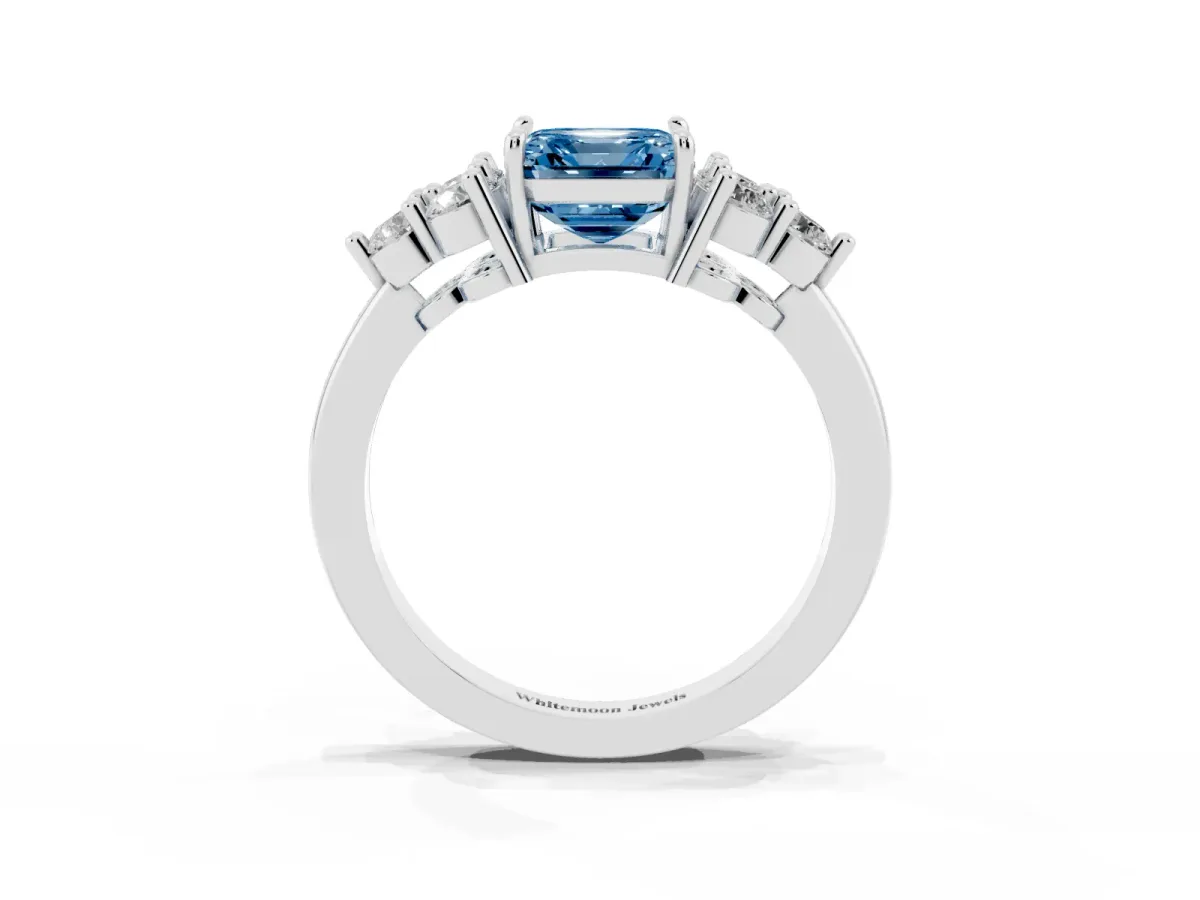 Fancy Blue Asscher Cut Brilliant Diamond Cluster Accent Solitaire Ring with Prong Setting White gold