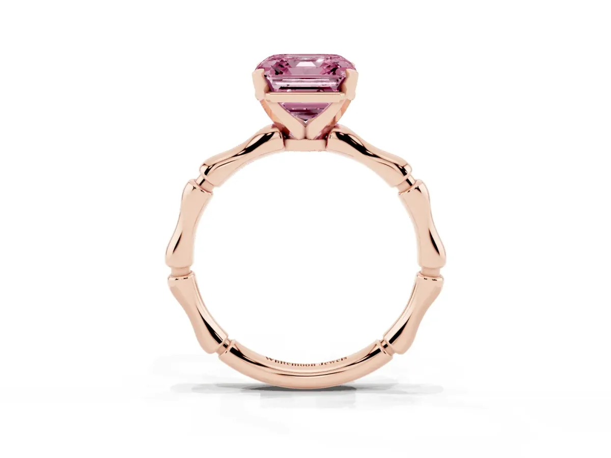 Fancy Pink Asscher Cut Solitaire Diamond Ring with Bamboo Band and Four-Prong Setting Rose gold
