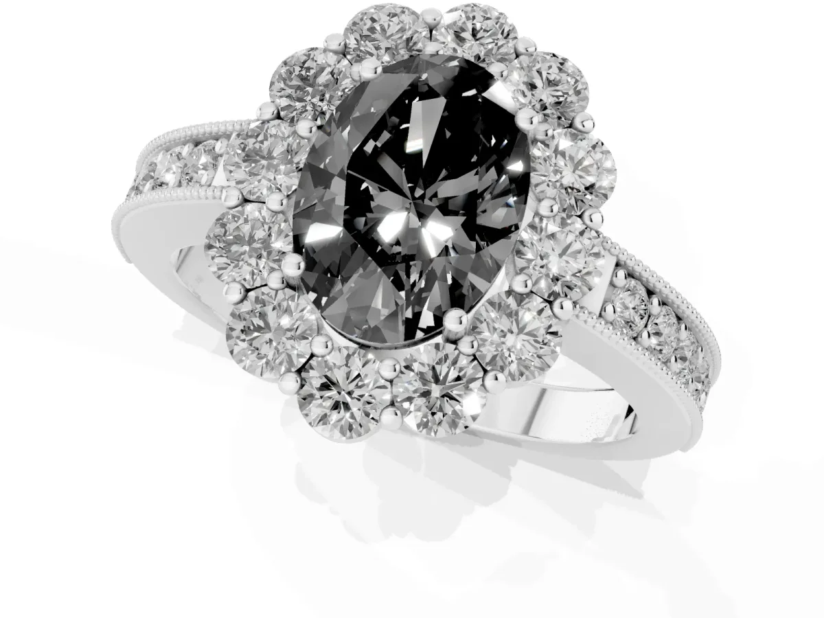 Fancy Black Oval Cut Cut Halo Diamond Pavé Engagement Ring with Milgrain Detailing Platinum
