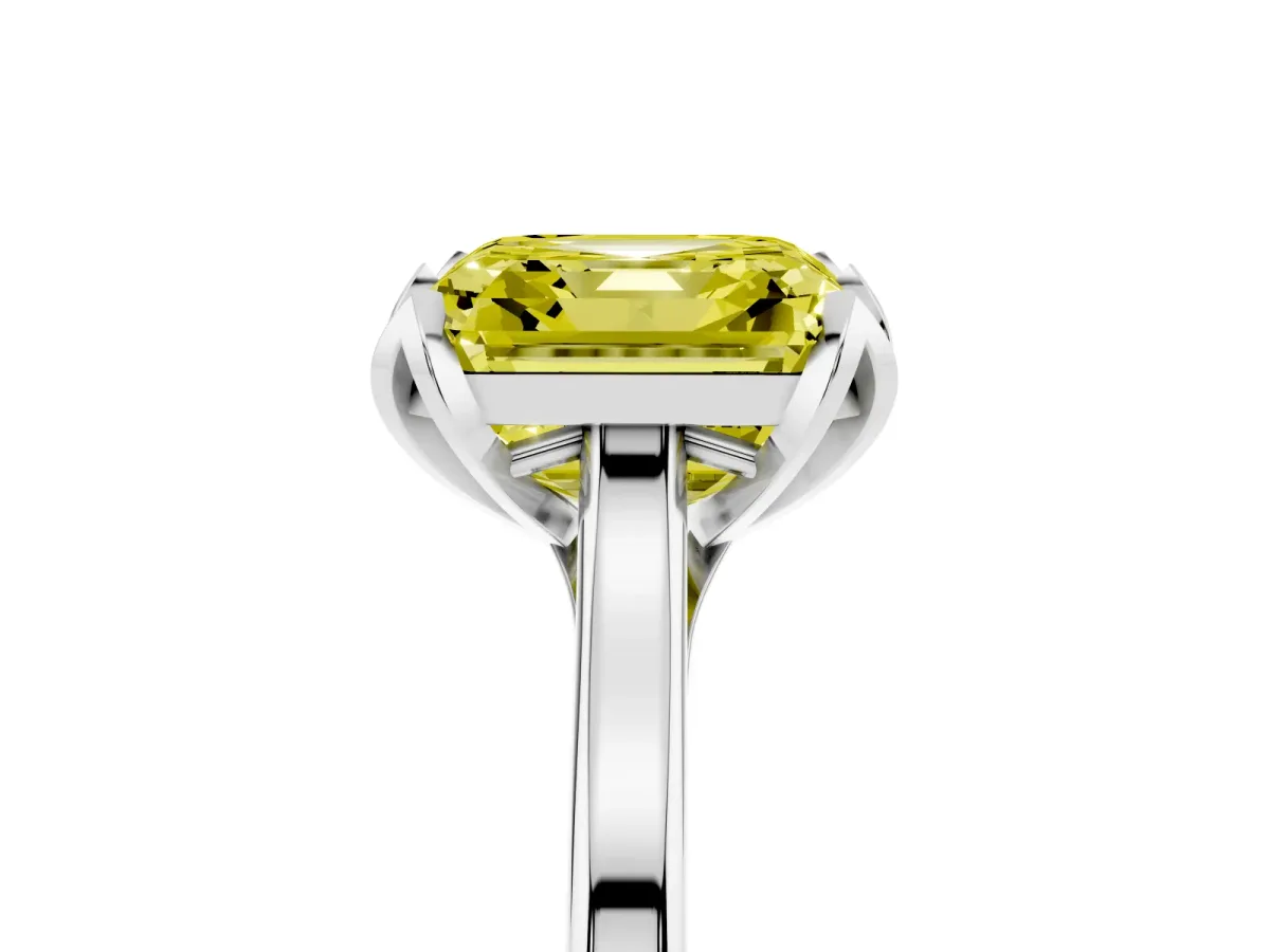 Fancy Yellow Asscher Cut Diamond Solitaire Ring with Flower Prong Setting and Classic Band Silver