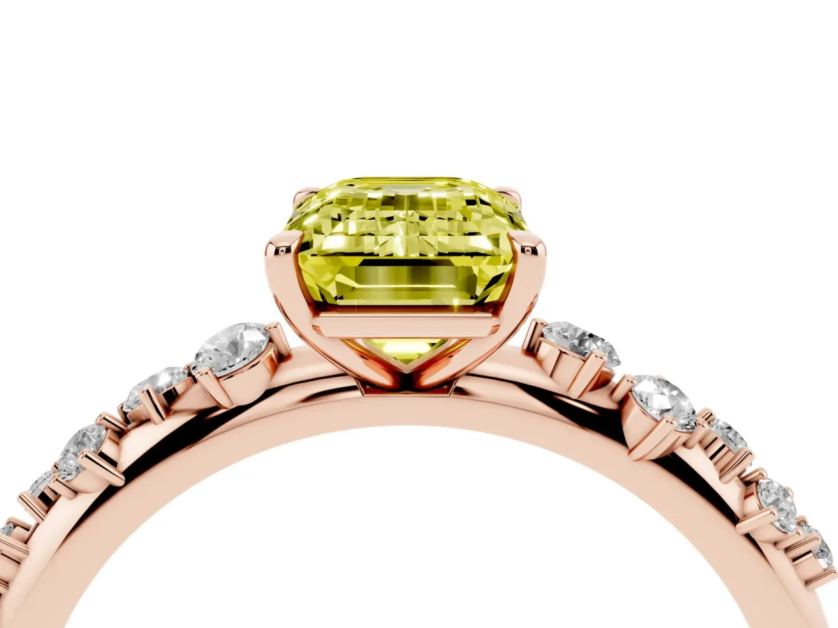 Fancy Yellow Emerald Cut Diamond Cluster Prong-Set Solitaire Ring Rose gold