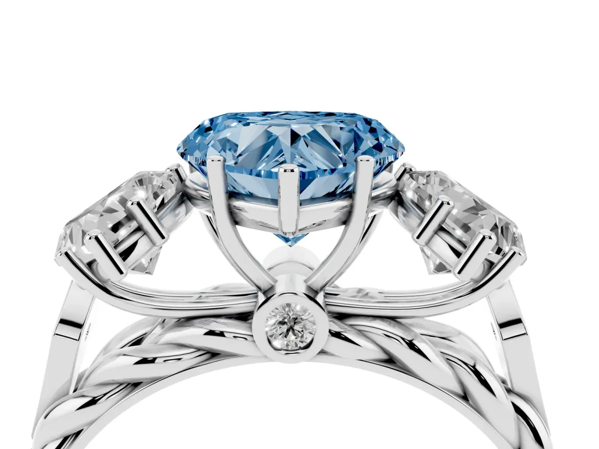 Fancy Blue Three-Stone Heart Cut Diamond Braided Band Ring with Four-Prong Setting Platinum