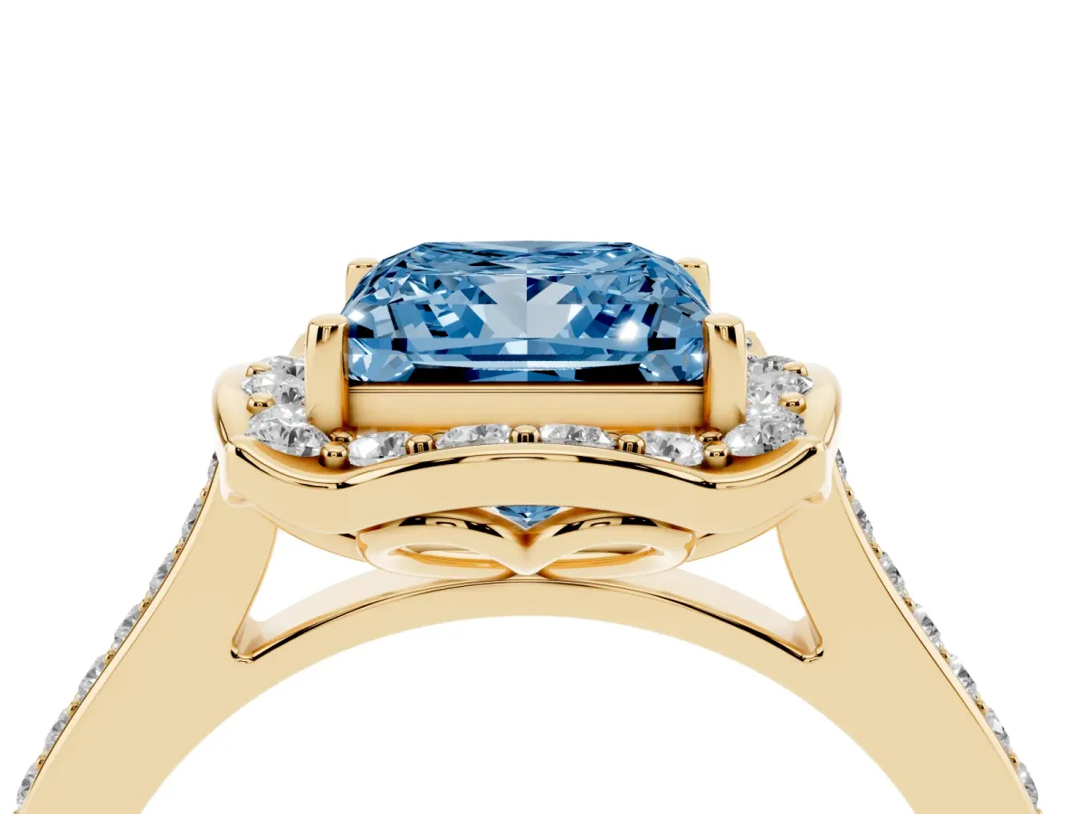 Fancy Blue Princess Cut Halo Round Diamond Pave Band with Four-Prong Setting Yellow gold