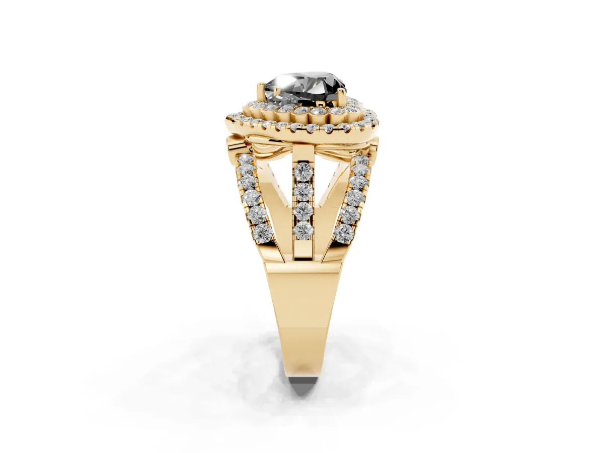 Fancy Black Heart Cut Diamond Double Halo Ring with Round Pavé Split Shank and Prong Setting Yellow gold