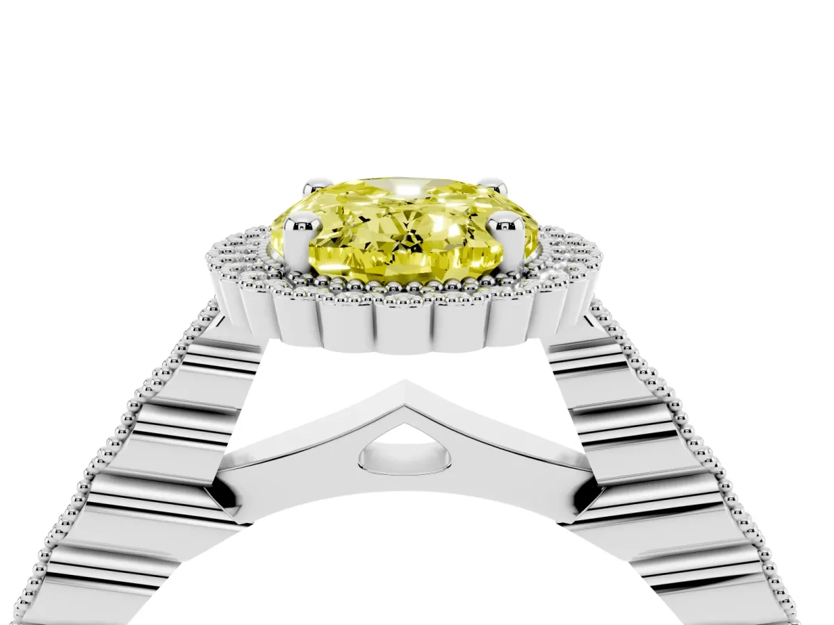 Fancy Yellow Oval Cut Cut Halo Pavé Solitaire Ring with Milgrain Band Silver
