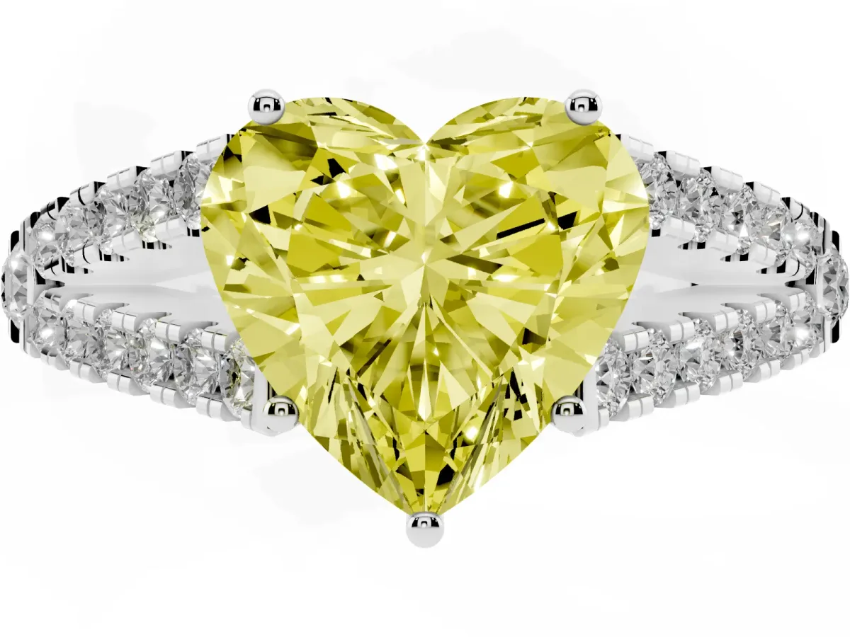 Fancy Yellow Heart Cut Diamond Split Shank Engagement Ring with Round Pavé and Prong Setting Silver