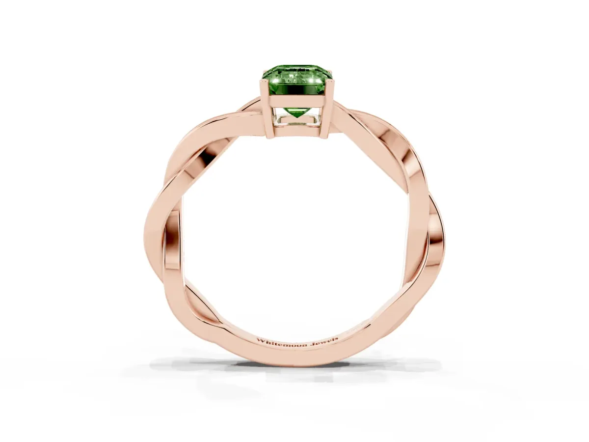 Fancy Green Emerald Cut Solitaire Twisted Pave Diamond Ring with Four-Prong Setting Rose gold