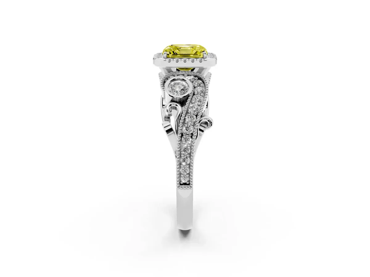Fancy Yellow Asscher Cut Diamond Halo Ring with Milgrain Pavé Band and Four-Prong Setting Silver