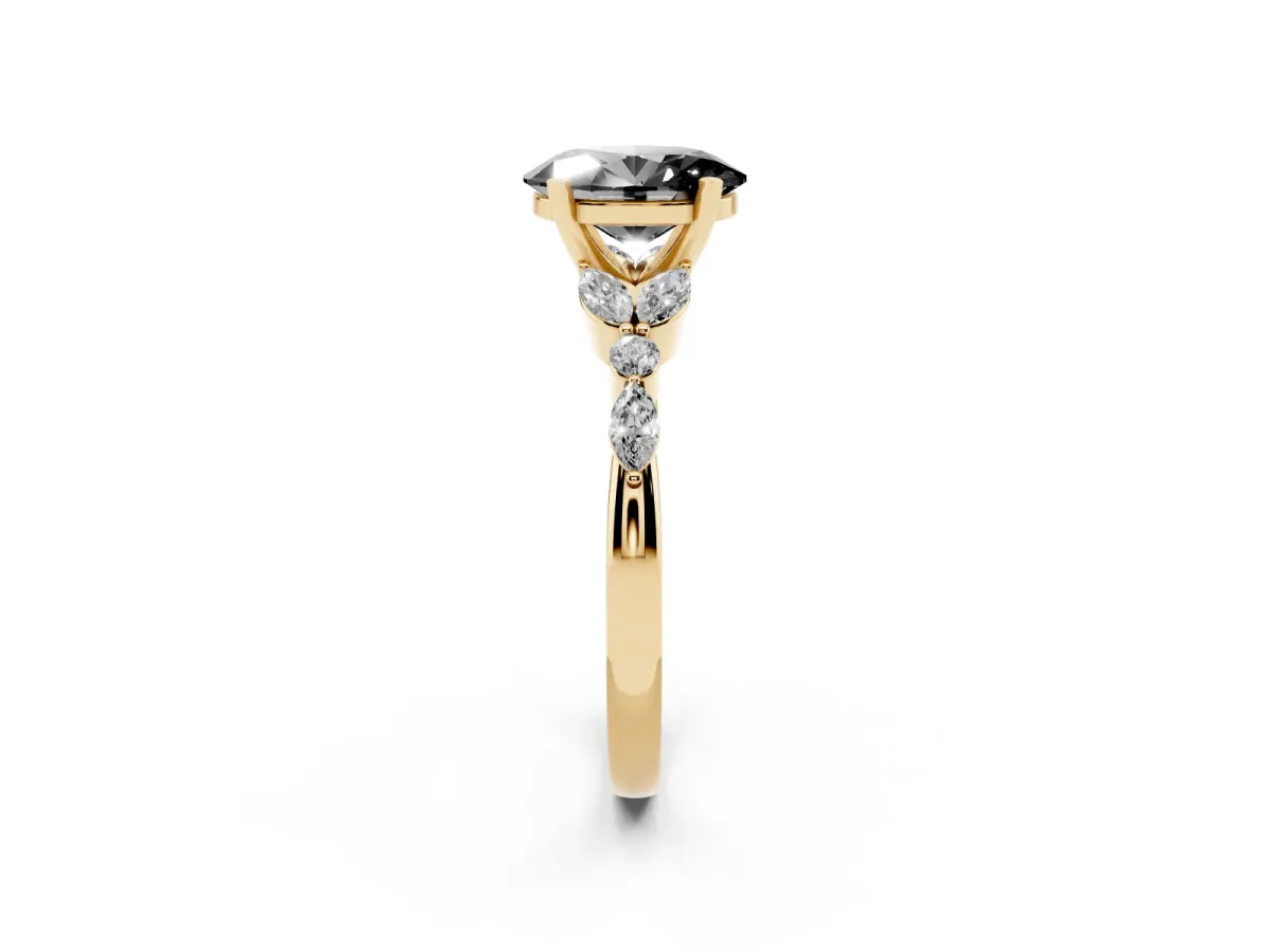 Fancy Black Oval Cut Diamond Solitaire Ring with Side Stones and Four-Prong Setting Yellow gold
